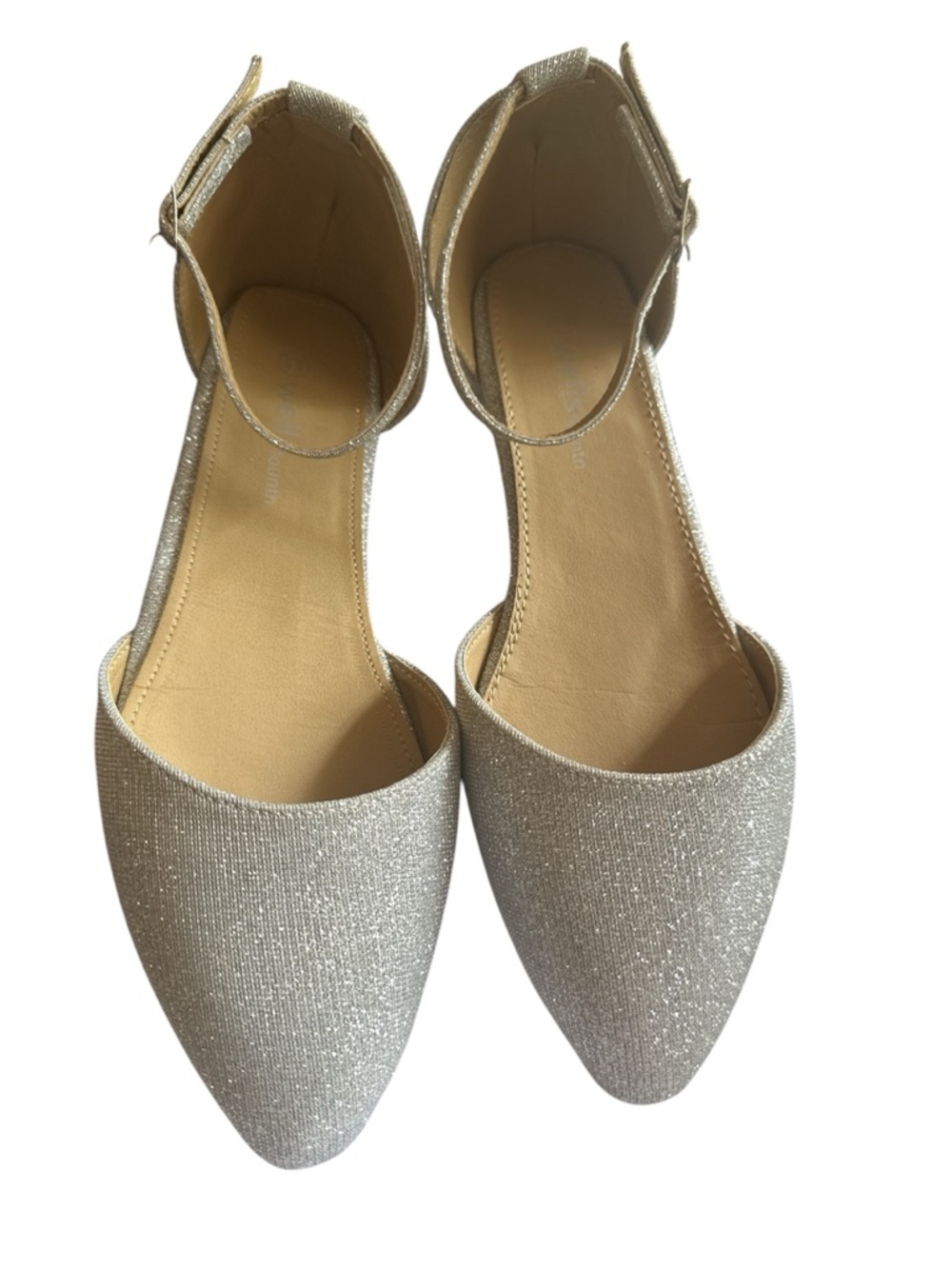 Wellsfounth Women's Silver Glitter Pointed Ankle-Strap Flats SZ 8.5